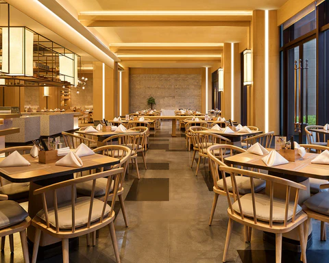 Warm restaurant lighting in a hospitality venue